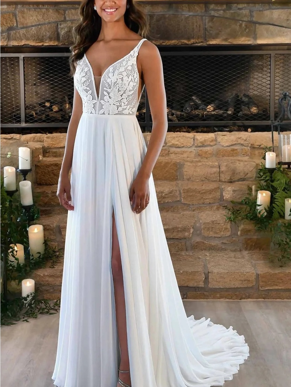 Elegant White V-Neck Lace Bodice A-Line Wedding Dress with Thigh Slit